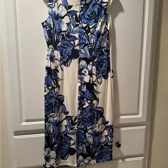 London Times Cream Midi Dress with Blue Floral Print - Picture 2 of 3